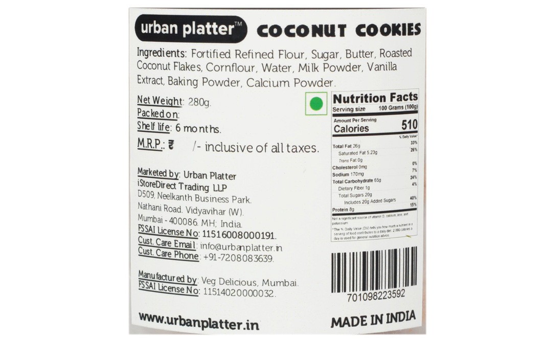 Urban Platter Tropical Coconut Cookies   Plastic Jar  280 grams